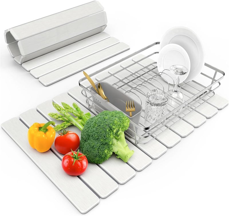 DK177 Large Stone Dish Drying Mat for Kitchen Counter, 24"(L)×16"(W), Collapsible Quick Dry Stone Dish Mats, Super Absorbent Diatomaceous Earth Drying Pad for Dishes Bottles Cups, Any Countertop (White) - Image 1